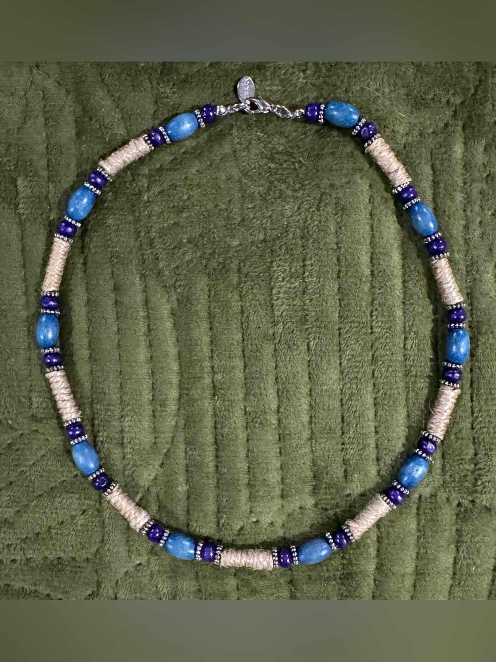 Vintage 90's Panama Jack Blue and Cream Wood Beaded Necklace